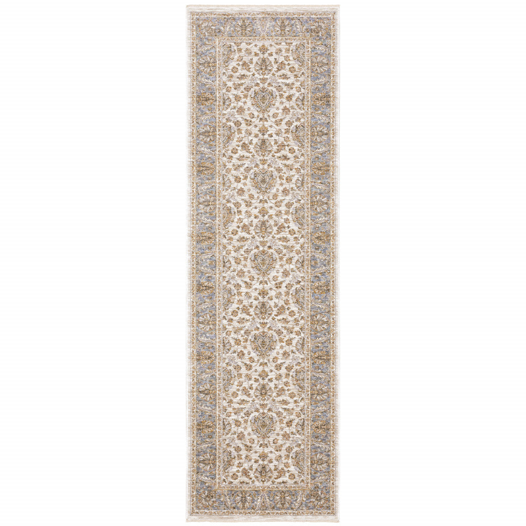 2' X 8' Ivory And Blue Oriental Power Loom Stain Resistant Runner Rug With Fringe