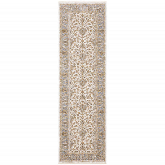 2' X 8' Ivory And Blue Oriental Power Loom Stain Resistant Runner Rug With Fringe