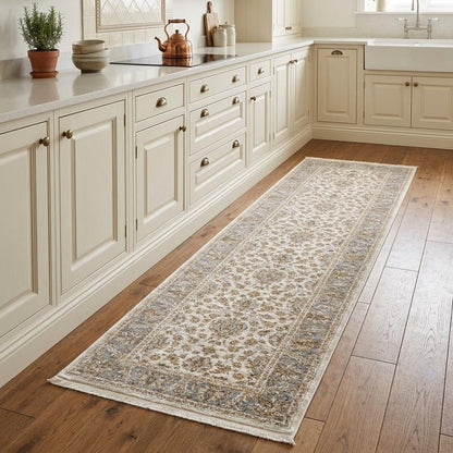 2' X 8' Ivory And Blue Oriental Power Loom Stain Resistant Runner Rug With Fringe