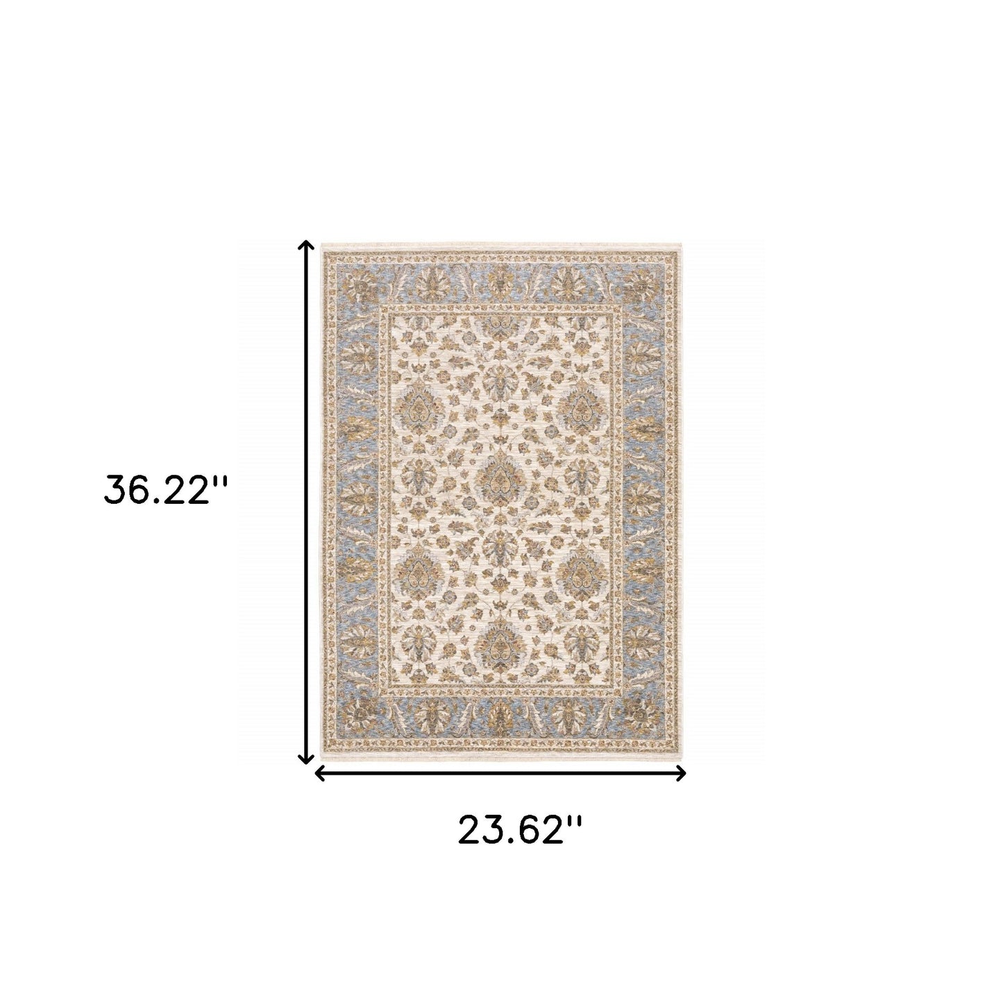 2' X 3' Ivory And Blue Oriental Power Loom Stain Resistant Area Rug With Fringe