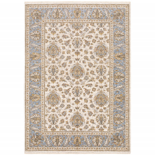 5' X 8' Ivory And Blue Oriental Power Loom Stain Resistant Area Rug With Fringe