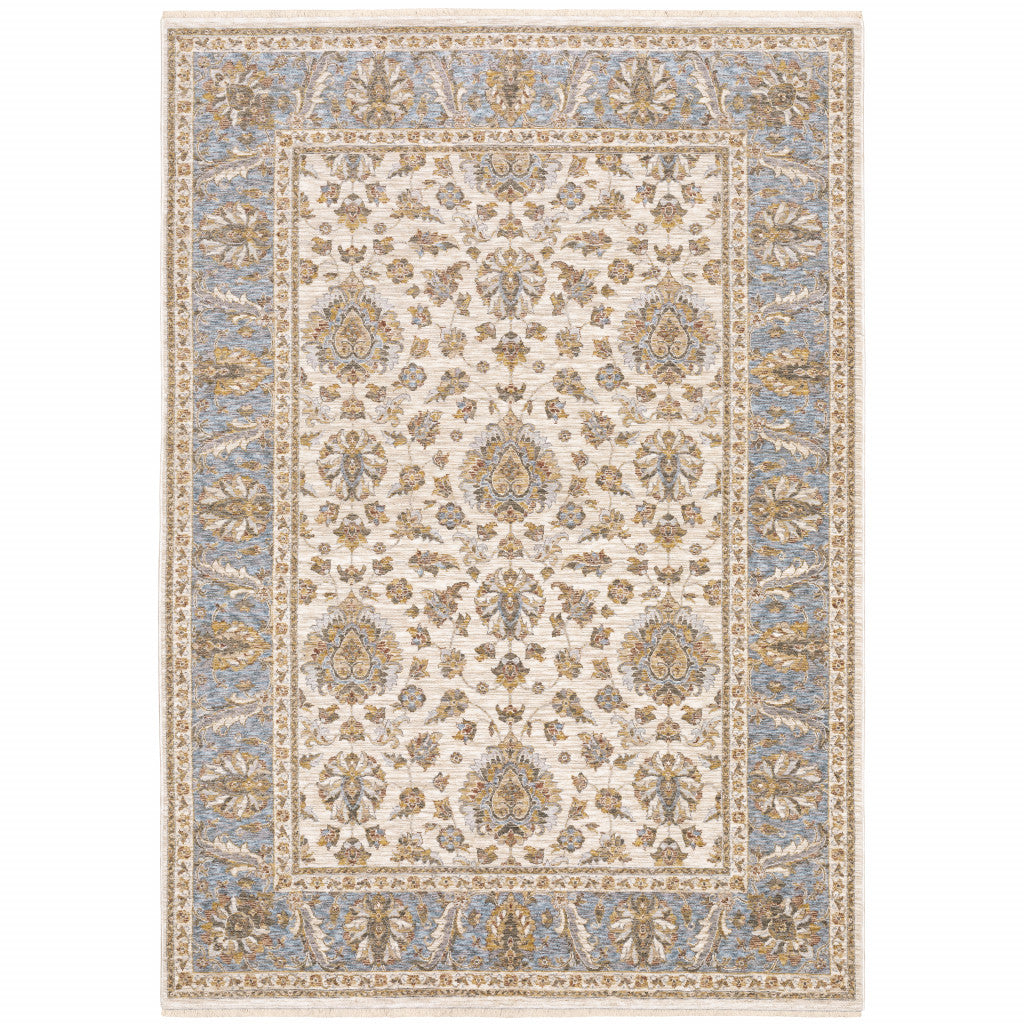 10' X 13' Ivory And Blue Oriental Power Loom Stain Resistant Area Rug With Fringe