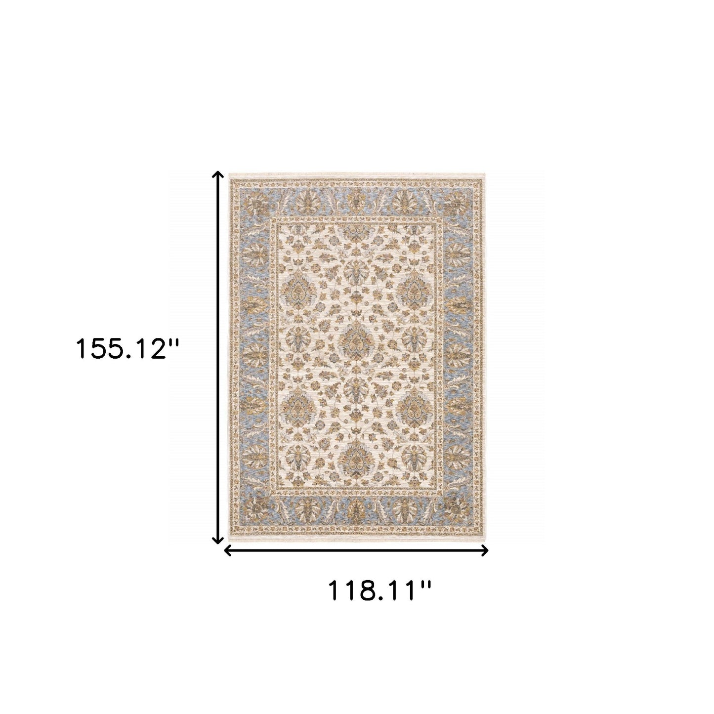 10' X 13' Ivory And Blue Oriental Power Loom Stain Resistant Area Rug With Fringe