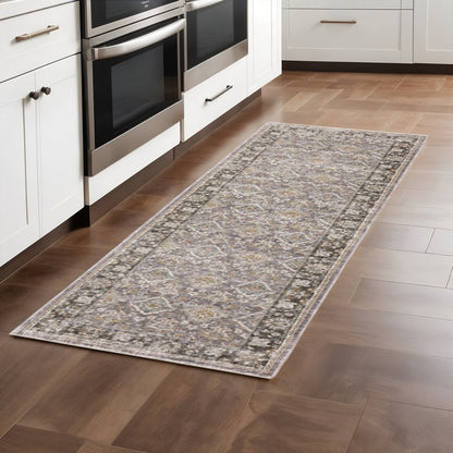 2' X 8' Grey And Blue Oriental Power Loom Stain Resistant Runner Rug With Fringe