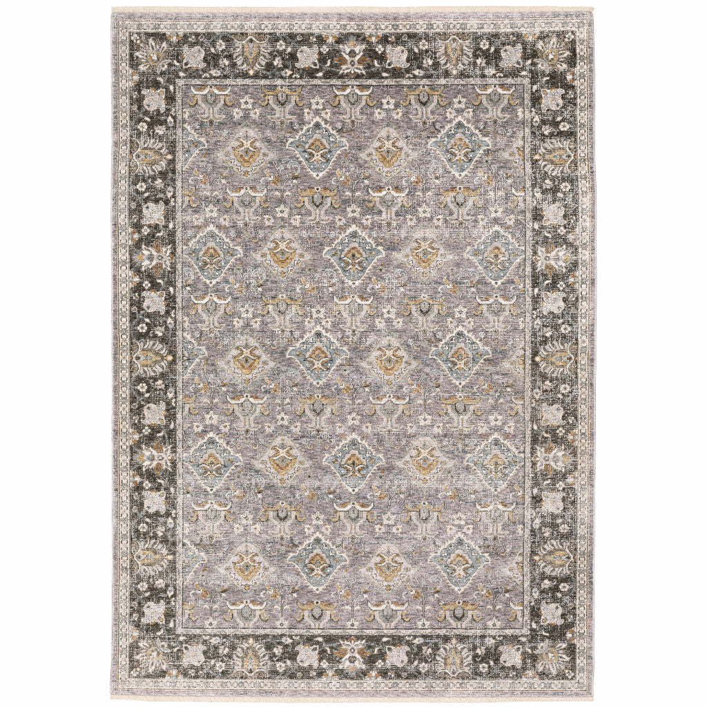 2' X 3' Grey And Blue Oriental Power Loom Stain Resistant Area Rug With Fringe