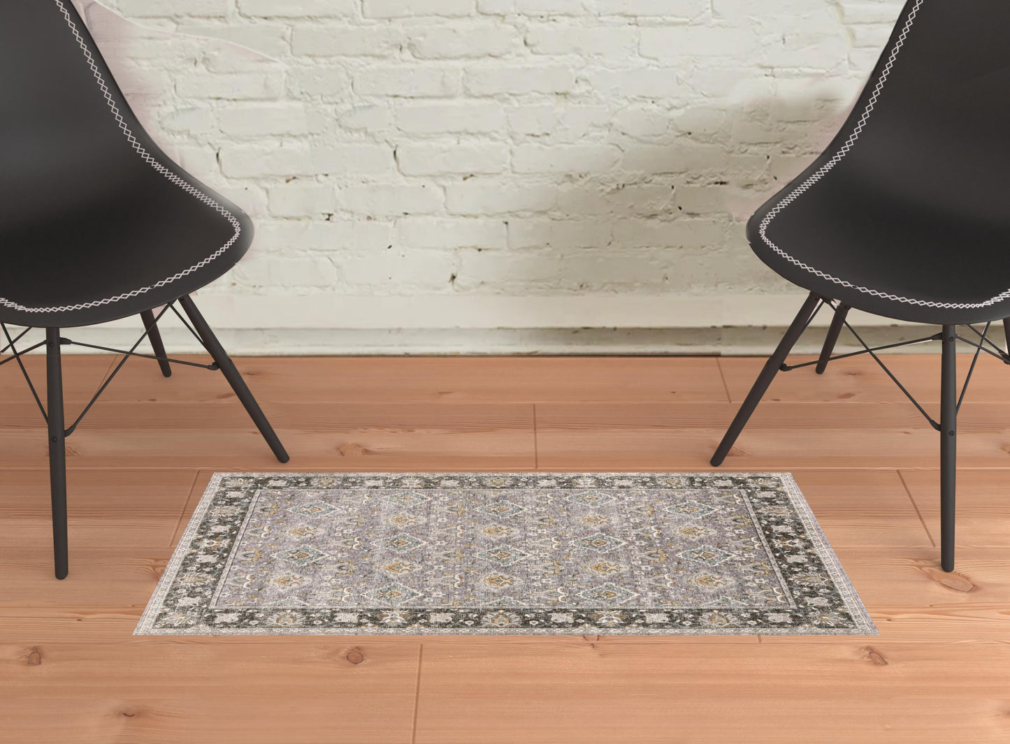 2' X 3' Grey And Blue Oriental Power Loom Stain Resistant Area Rug With Fringe