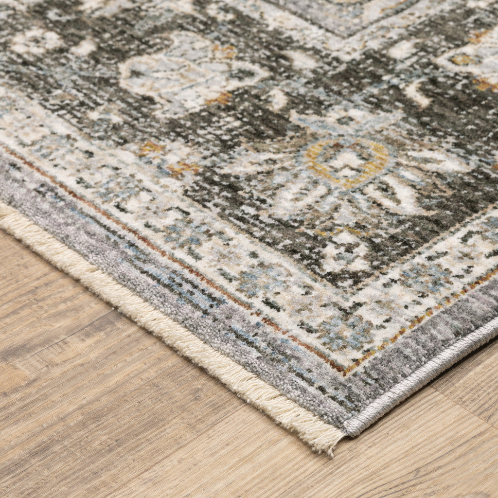 3' X 5' Grey And Blue Oriental Power Loom Stain Resistant Area Rug With Fringe