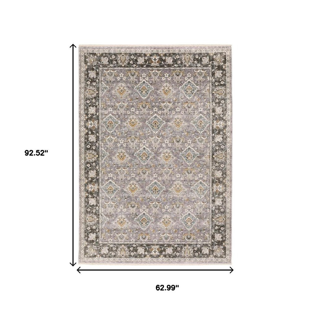 5' X 8' Grey And Blue Oriental Power Loom Stain Resistant Area Rug With Fringe