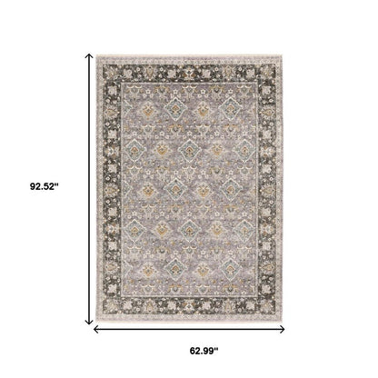 5' X 8' Grey And Blue Oriental Power Loom Stain Resistant Area Rug With Fringe
