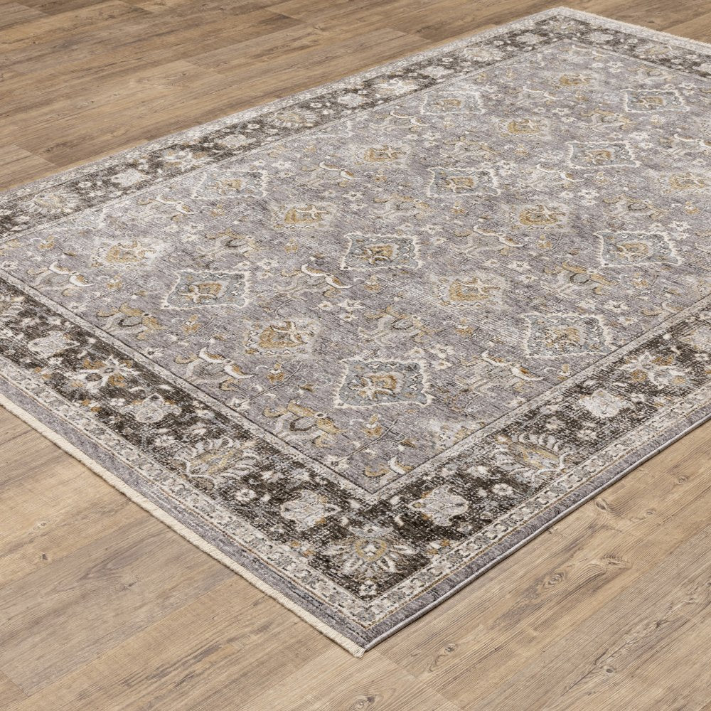 7' X 10' Gray And Blue Oriental Distressed Area Rug With Fringe