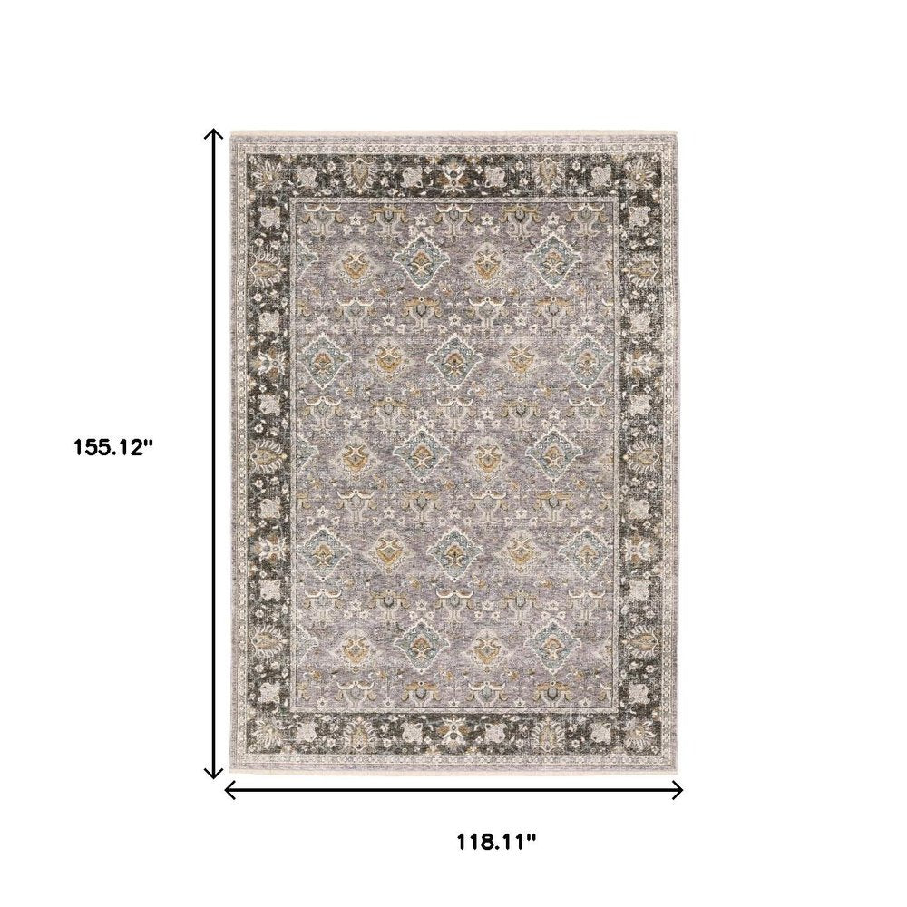10' X 13' Grey And Blue Oriental Power Loom Stain Resistant Area Rug With Fringe