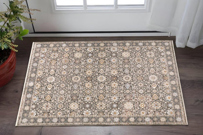 2' X 3' Grey And Ivory Oriental Power Loom Stain Resistant Area Rug With Fringe