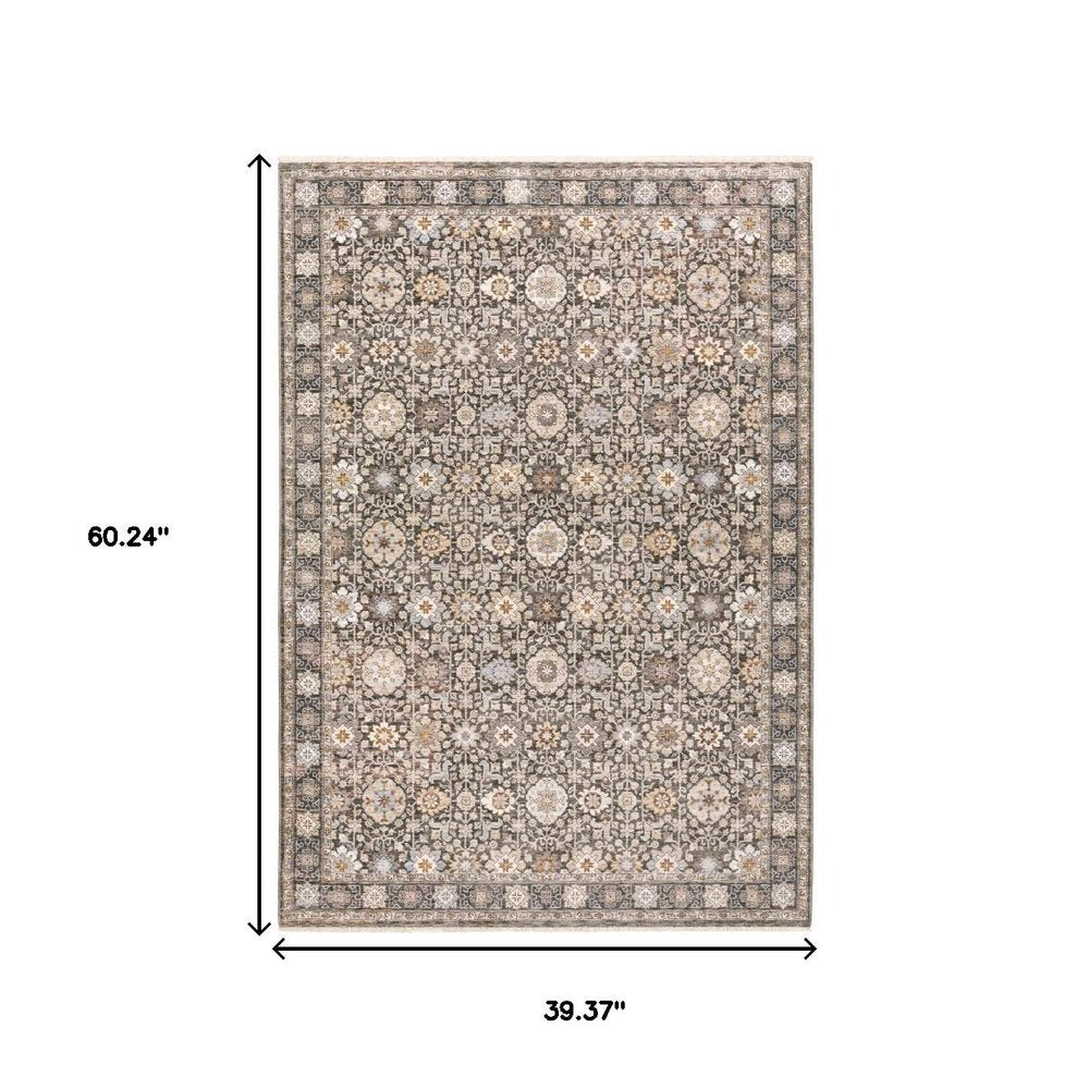 3' X 5' Grey And Ivory Oriental Power Loom Stain Resistant Area Rug With Fringe