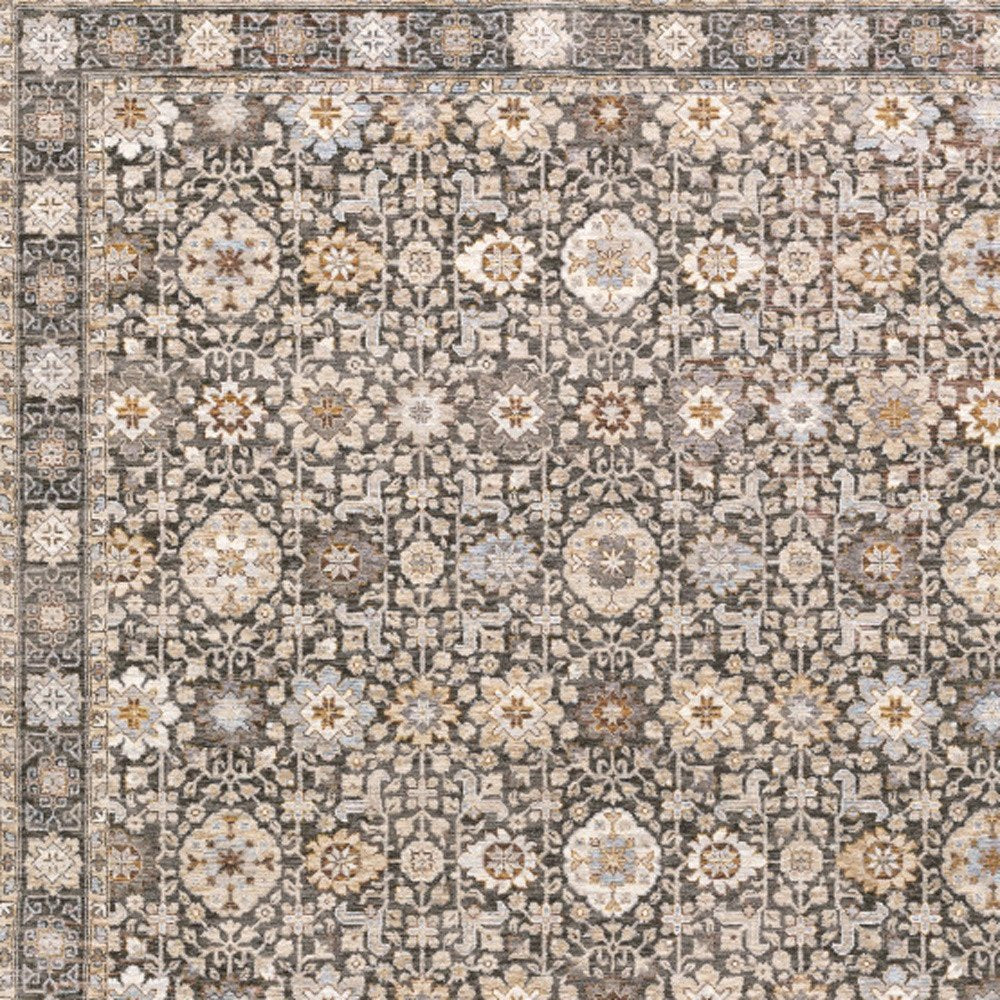 5' X 8' Charcoal And Ivory Oriental Area Rug With Fringe