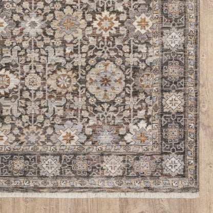 5' X 8' Charcoal And Ivory Oriental Area Rug With Fringe