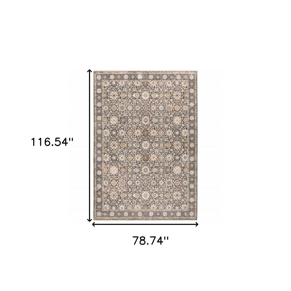 7' X 10' Charcoal And Ivory Oriental Area Rug With Fringe