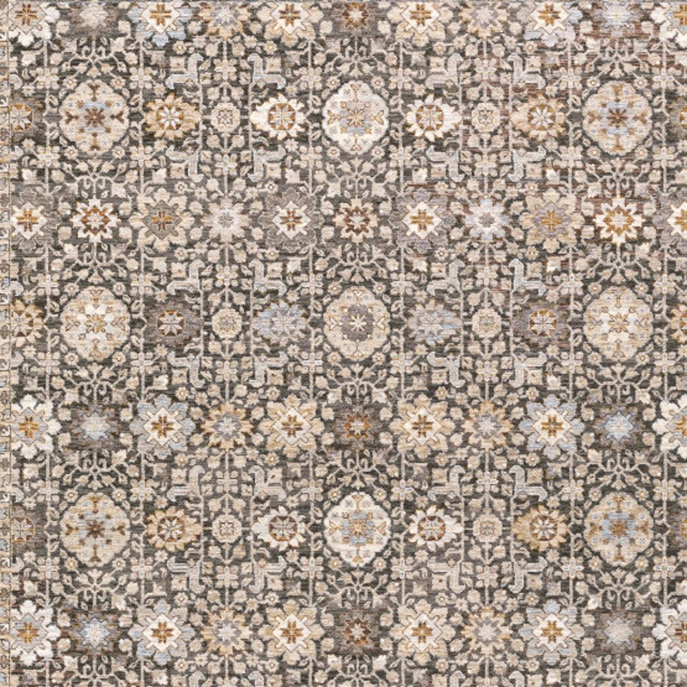 7' X 10' Charcoal And Ivory Oriental Area Rug With Fringe