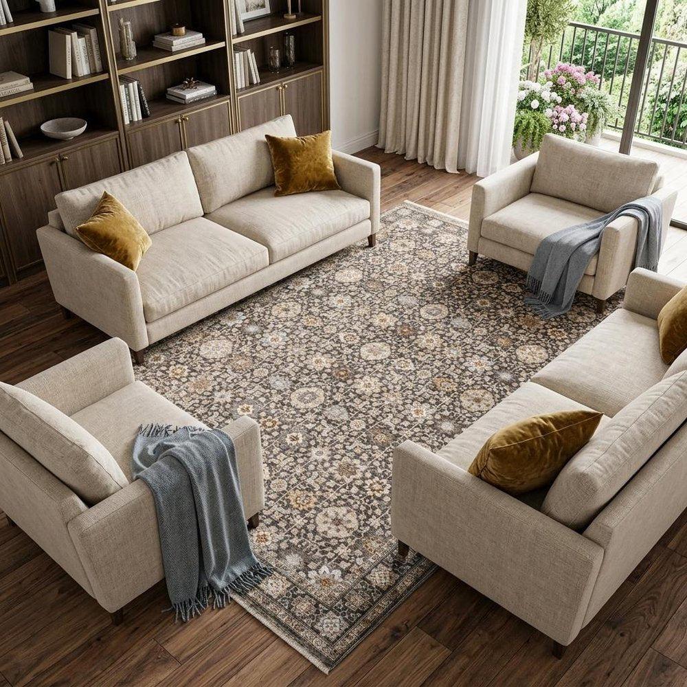 7' X 10' Charcoal And Ivory Oriental Area Rug With Fringe