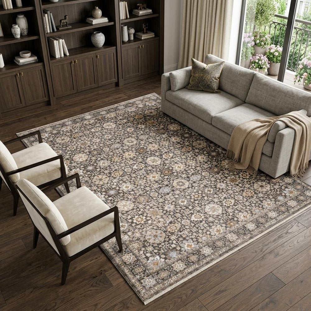 7' X 10' Charcoal And Ivory Oriental Area Rug With Fringe
