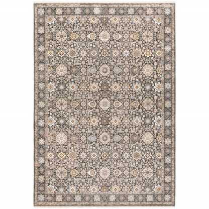 7' X 10' Charcoal And Ivory Oriental Area Rug With Fringe