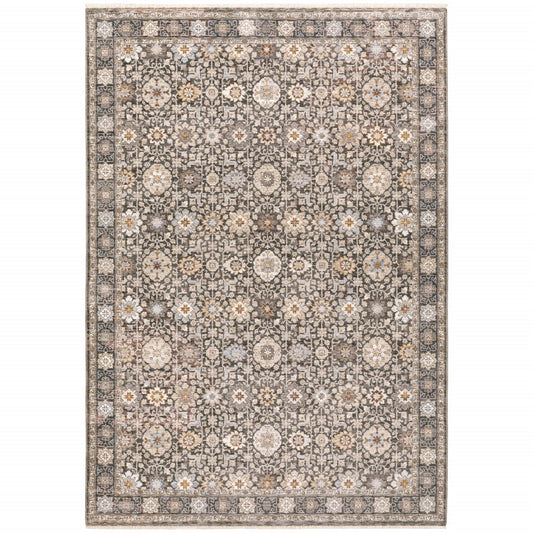 7' X 10' Charcoal And Ivory Oriental Area Rug With Fringe