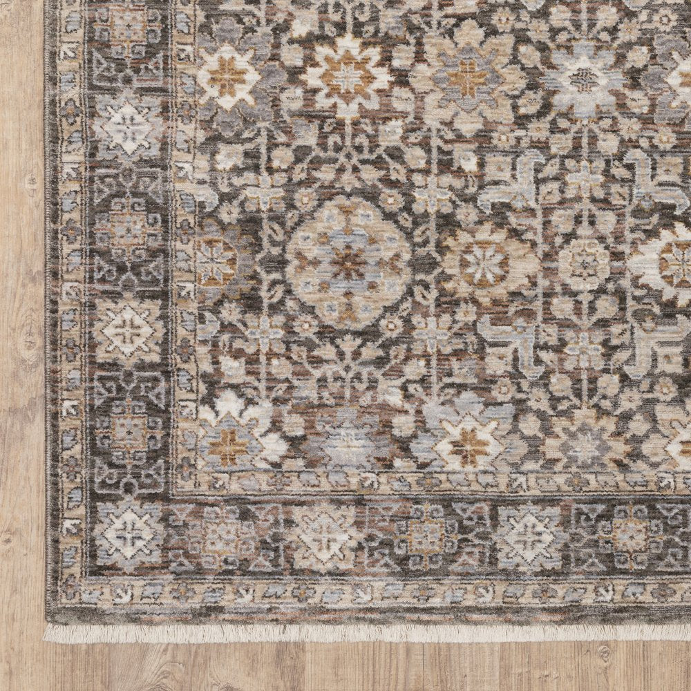 7' X 10' Charcoal And Ivory Oriental Area Rug With Fringe