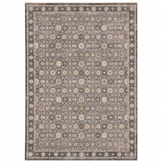 8' X 11' Grey And Ivory Oriental Power Loom Stain Resistant Area Rug With Fringe