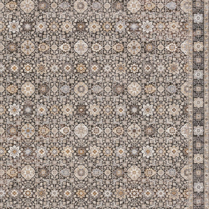 8' X 11' Charcoal Ivory and Beige Floral Power Loom Area Rug With Fringe