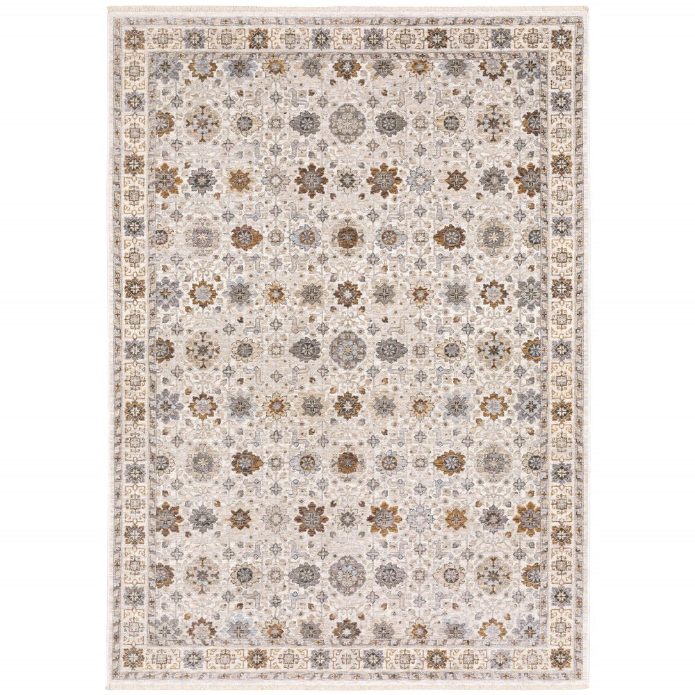 3' X 5' Ivory And Gold Oriental Power Loom Stain Resistant Area Rug With Fringe