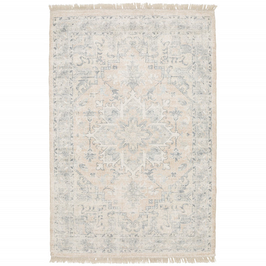 10' X 13' Beige And Grey Oriental Hand Loomed Stain Resistant Area Rug With Fringe