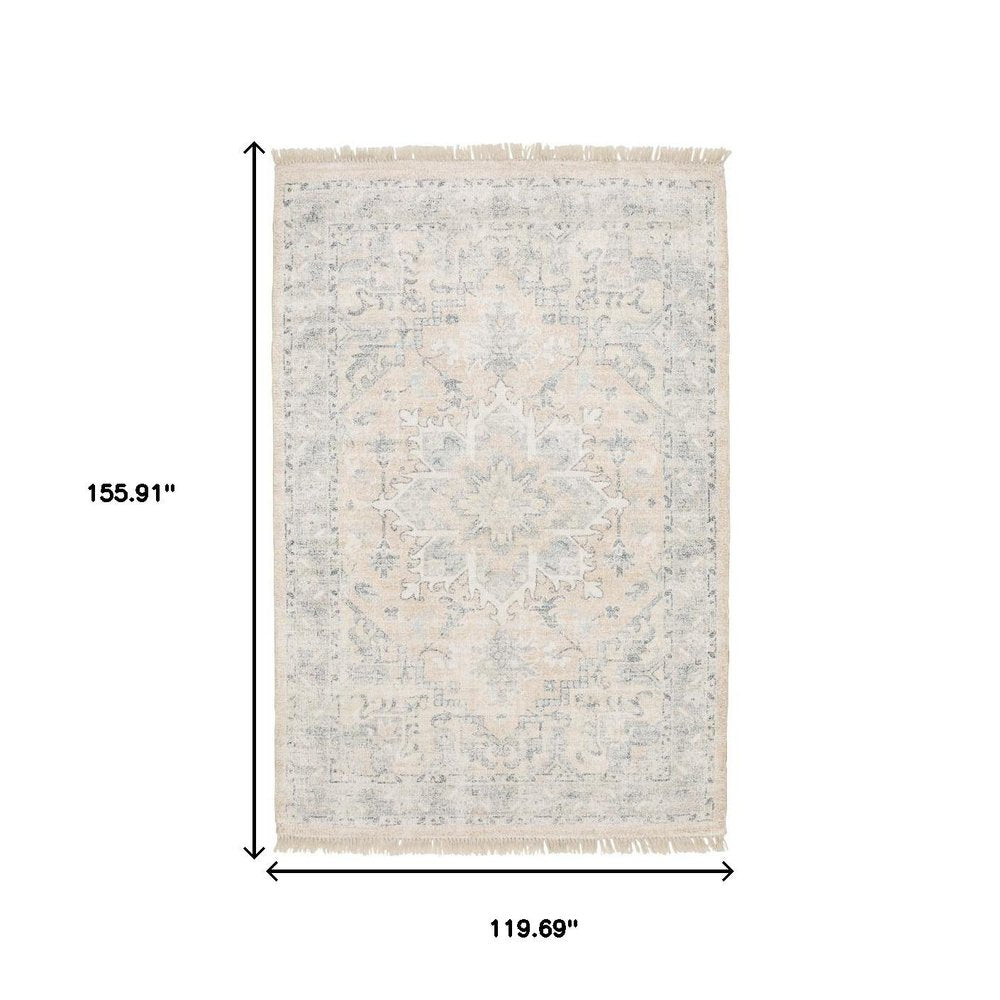 10' X 13' Beige And Grey Oriental Hand Loomed Stain Resistant Area Rug With Fringe