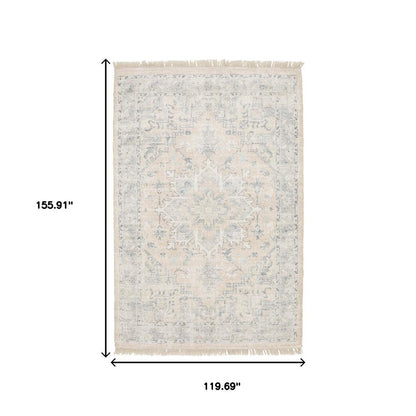 10' X 13' Beige And Grey Oriental Hand Loomed Stain Resistant Area Rug With Fringe