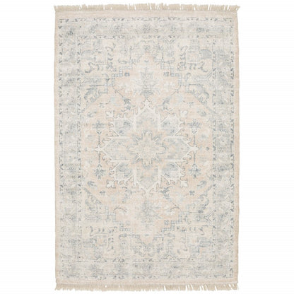 10' X 13' Beige And Grey Oriental Hand Loomed Stain Resistant Area Rug With Fringe