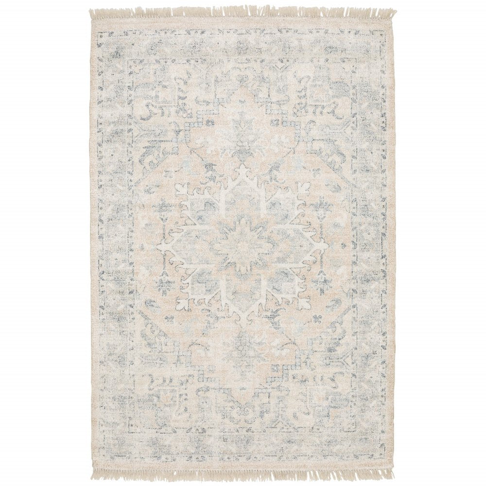 10' X 13' Beige And Grey Oriental Hand Loomed Stain Resistant Area Rug With Fringe