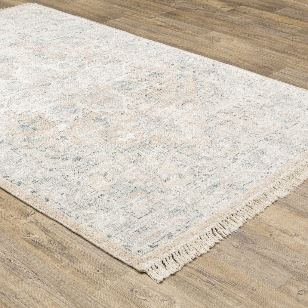 10' X 13' Beige And Grey Oriental Hand Loomed Stain Resistant Area Rug With Fringe