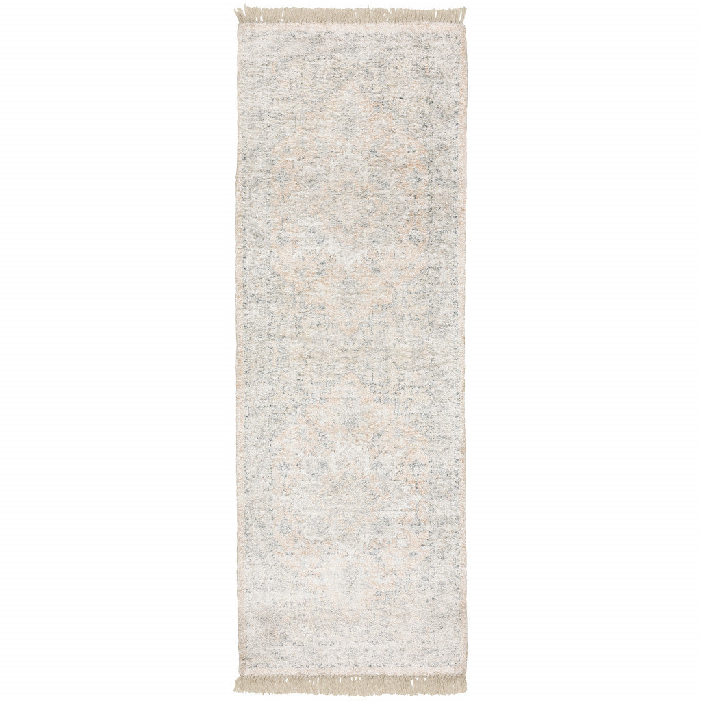 2' X 8' Beige And Grey Oriental Hand Loomed Stain Resistant Runner Rug With Fringe