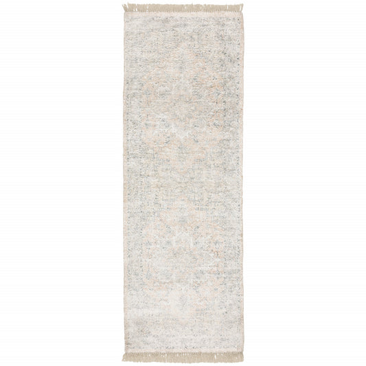 2' X 8' Beige And Grey Oriental Hand Loomed Stain Resistant Runner Rug With Fringe