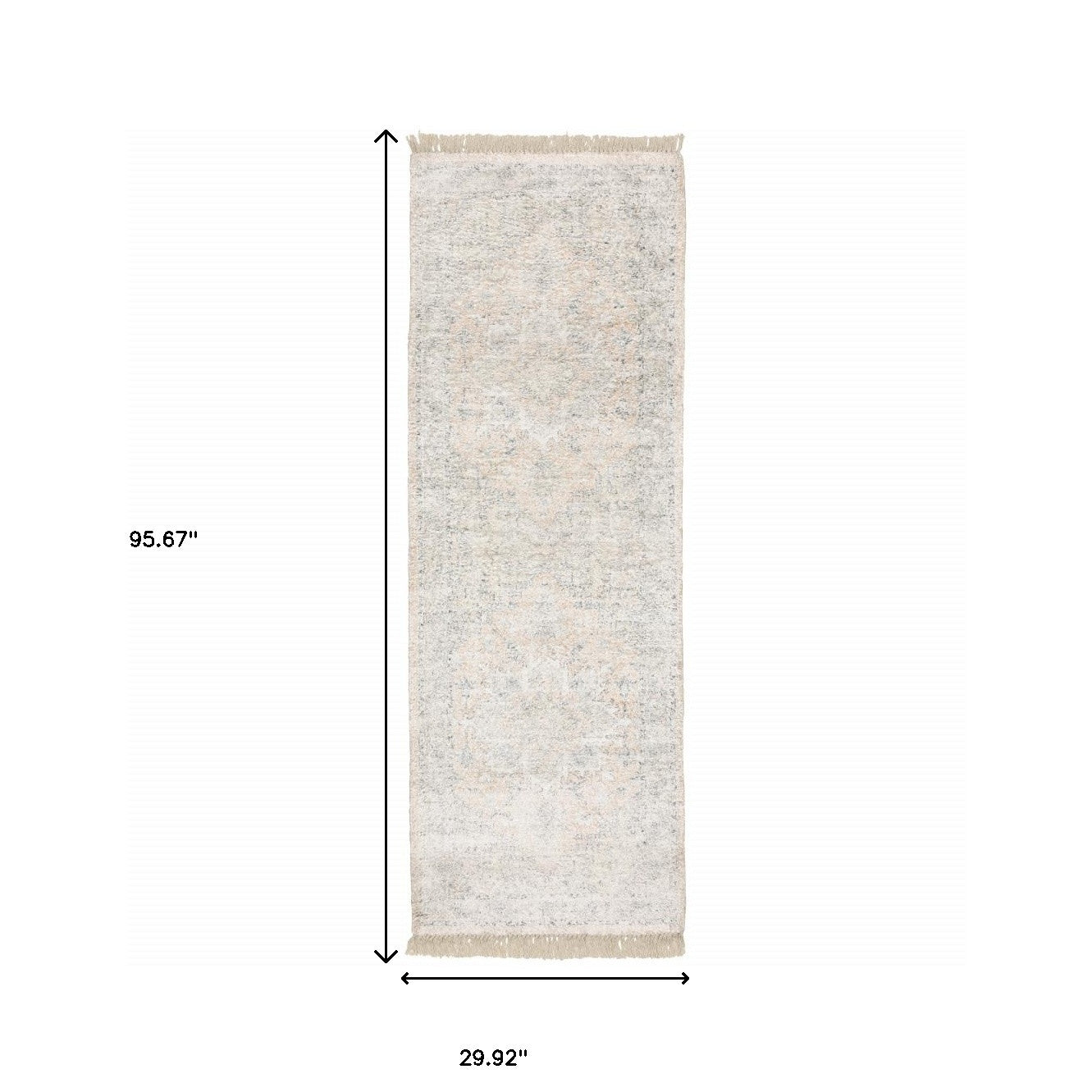 2' X 8' Beige And Grey Oriental Hand Loomed Stain Resistant Runner Rug With Fringe