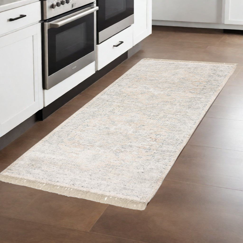 2' X 8' Beige And Grey Oriental Hand Loomed Stain Resistant Runner Rug With Fringe