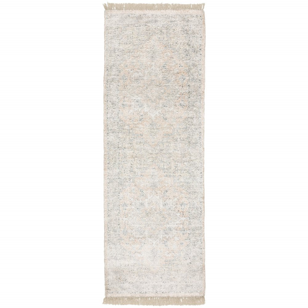 8' Beige And Gray Oriental Hand Loomed Runner Rug With Fringe