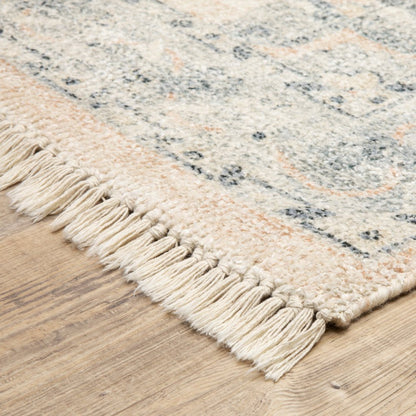 8' Beige And Gray Oriental Hand Loomed Runner Rug With Fringe