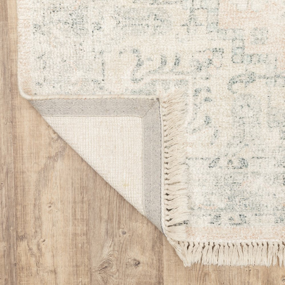 8' Beige And Gray Oriental Hand Loomed Runner Rug With Fringe