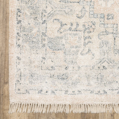8' Beige And Gray Oriental Hand Loomed Runner Rug With Fringe