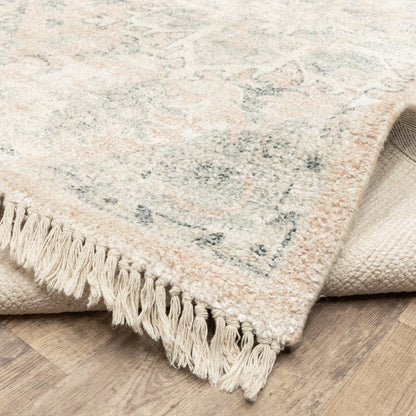 8' Beige And Gray Oriental Hand Loomed Runner Rug With Fringe