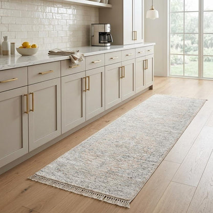 8' Beige And Gray Oriental Hand Loomed Runner Rug With Fringe