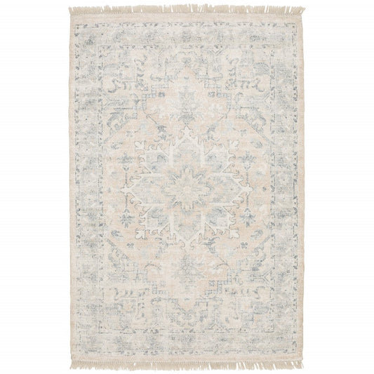 8' X 10' Beige And Grey Oriental Hand Loomed Stain Resistant Area Rug With Fringe