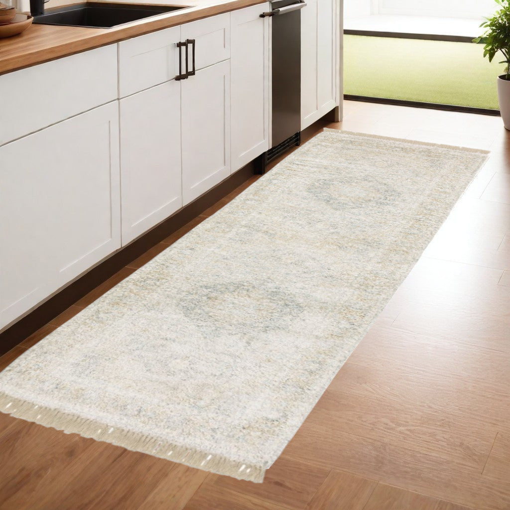 2' X 8' Beige And Grey Oriental Hand Loomed Stain Resistant Runner Rug With Fringe