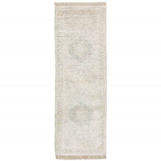 8' Beige and Ivory Oriental Hand Loomed Runner Rug With Fringe