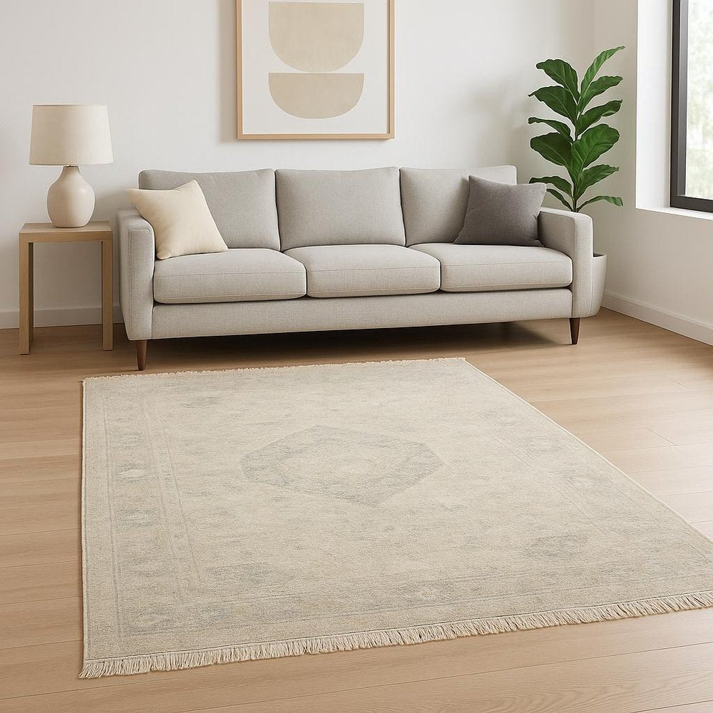 8' X 10' Beige And Grey Oriental Hand Loomed Stain Resistant Area Rug With Fringe