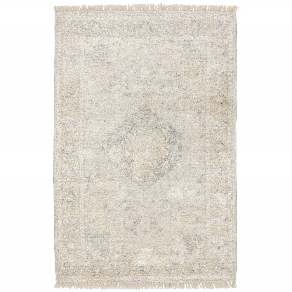 8' X 10' Beige And Grey Oriental Hand Loomed Stain Resistant Area Rug With Fringe